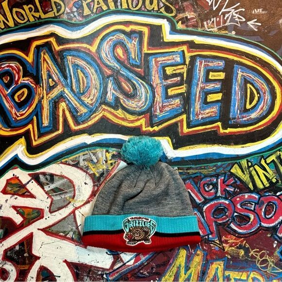 Mitchell & Ness Vancouver Grizzlies Embroidered Logo Pom Beanie – Teal/Gray/Red - Picture 1 of 8